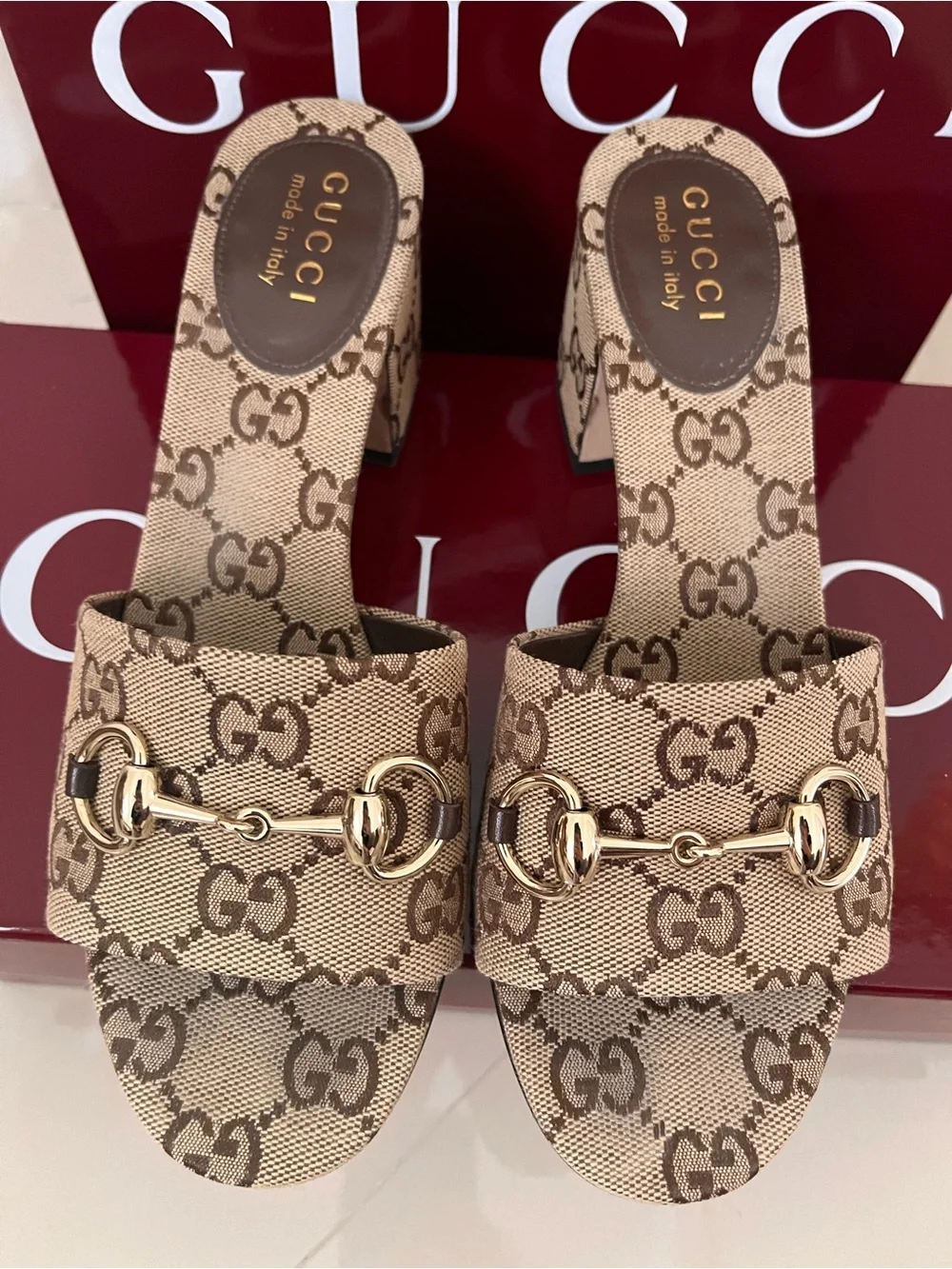 Gucci Tan GG Canvas Horsebit Slide Sandals with Gold Hardware